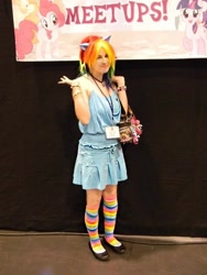 Size: 540x720 | Tagged: safe, artist:rina-chan, imported from derpibooru, rainbow dash, human, bracelet, clothes, cosplay, costume, irl, irl human, jewelry, kira buckland, photo, rainbow socks, socks, stockings, striped socks, thigh highs