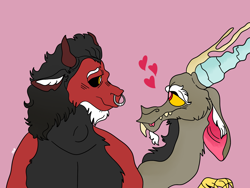 Size: 2048x1536 | Tagged: safe, artist:komodoyena, imported from derpibooru, discord, lord tirek, centaur, draconequus, taur, cute, discute, gay, heart, looking at each other, male, nose piercing, piercing, pink background, septum piercing, shipping, simple background, tirekcord, tongue out