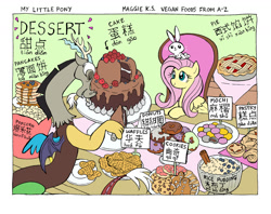 Size: 1280x1016 | Tagged: safe, artist:ksmaggie, imported from derpibooru, angel bunny, discord, fluttershy, draconequus, pegasus, pony, rabbit, angel riding fluttershy, animal, bilingual, cake, chinese, cookie, donut, english, eyes closed, female, food, male, mare, mochi, open mouth, open smile, pancakes, pie, popcorn, rabbits riding ponies, smiling, trio, waffle