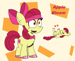 Size: 1280x1046 | Tagged: safe, artist:askbasicallybasics, imported from derpibooru, apple bloom, earth pony, pony, bowtie, eyes closed, female, filly, headband, lying down, on back, open mouth, open smile, smiling, solo