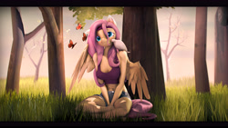 Size: 8000x4500 | Tagged: safe, artist:imafutureguitarhero, imported from derpibooru, fluttershy, anthro, bird, butterfly, pegasus, unguligrade anthro, art pack:summer booty, 3d, absurd resolution, alternate hairstyle, belly button, black bars, blushing, cheek fluff, chromatic aberration, clothes, colored eyebrows, colored eyelashes, crossed legs, cute, cute little fangs, daaaaaaaaaaaw, ear fluff, ear piercing, earring, fangs, female, film grain, floppy ears, fluffy, forest, grass, hair over one eye, headband, hippieshy, jeans, jewelry, letterboxing, mare, outdoors, pants, piercing, revamped anthros, revamped ponies, shorts, shoulder fluff, shyabetes, signature, sitting, sitting on ground, smiling, solo, source filmmaker, tanktop, tree, wall of tags, wings