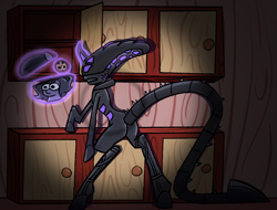 Size: 998x758 | Tagged: safe, artist:lilithgalac, imported from derpibooru, oc, oc only, oc:scratch, oc:sone, alien, pony, unicorn, xenomorph, alien (franchise), background, cookie, dark, flashlight (object), food, solo, xenoquine