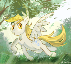 Size: 1264x1142 | Tagged: safe, artist:lynsum, imported from derpibooru, derpy hooves, pegasus, pony, female, grass, leaves, mare, running, solo, tree