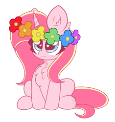 Size: 3175x3377 | Tagged: safe, artist:kittyrosie, imported from derpibooru, oc, oc only, oc:rosa flame, pony, unicorn, 2018, blushing, chest fluff, cute, ear fluff, floral head wreath, flower, flower in hair, high res, ocbetes, simple background, sitting, solo, white background