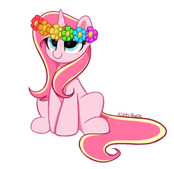 Size: 3688x3573 | Tagged: safe, artist:kittyrosie, imported from derpibooru, oc, oc only, oc:rosa flame, pony, unicorn, blushing, cute, floral head wreath, flower, flower in hair, high res, ocbetes, redraw, simple background, sitting, solo, white background