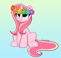 Size: 3688x3499 | Tagged: safe, alternate version, artist:kittyrosie, imported from derpibooru, oc, oc only, oc:rosa flame, pony, unicorn, blushing, cute, floral head wreath, flower, flower in hair, gradient background, high res, ocbetes, redraw, sitting, solo