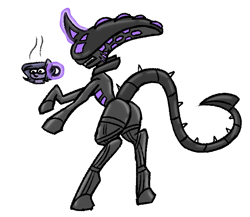 Size: 669x580 | Tagged: safe, artist:lilithgalac, imported from derpibooru, oc, oc only, oc:scratch, oc:sone, alien, pony, unicorn, xenomorph, alien (franchise), cup, solo, xenoquine