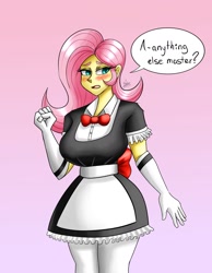 Size: 1400x1800 | Tagged: safe, artist:zachc, imported from derpibooru, fluttershy, equestria girls, big breasts, blushing, bowtie, breasts, busty fluttershy, clothes, dialogue, dress, evening gloves, female, fluttermaid, gloves, gradient background, long gloves, maid, master, socks, solo, thigh highs