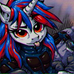 Size: 894x894 | Tagged: safe, artist:porcelain eyepiece, imported from derpibooru, oc, oc:snowi, pony, unicorn, fallout equestria, fallout equestria: project horizons, blue hair, clothes, eyelashes, fallout, fanfic art, female, horn, jumpsuit, mane, mare, not blackjack, red and blue, red eyes, red hair, solo, stabel-tec uniform, tongue out, uniform, vault, vault 44, vault security armor, vault suit, white pony