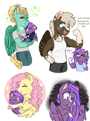 Size: 2048x2732 | Tagged: safe, artist:moccabliss, imported from derpibooru, dumbbell, fluttershy, zephyr breeze, oc, oc:zip zap, anthro, pegasus, pony, auntie fluttershy, crying, high res, hug, magical gay spawn, offspring, parent and child, parent:dumbbell, parent:zephyr breeze, simple background, white background