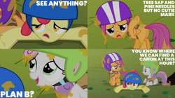 Size: 1280x720 | Tagged: safe, edit, edited screencap, editor:quoterific, imported from derpibooru, screencap, apple bloom, scootaloo, sweetie belle, earth pony, pegasus, pony, unicorn, season 1, the cutie mark chronicles, cutie mark crusaders, female, filly, helmet, open mouth