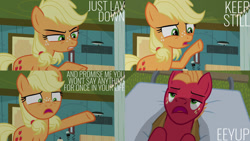 Size: 1280x720 | Tagged: safe, edit, edited screencap, editor:quoterific, imported from derpibooru, screencap, applejack, big macintosh, earth pony, pony, season 6, where the apple lies, colt, colt big macintosh, female, filly, filly applejack, male, open mouth, ponyville hospital, younger