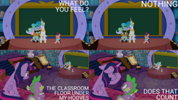 Size: 1280x720 | Tagged: safe, edit, edited screencap, editor:quoterific, imported from derpibooru, screencap, on stage, princess celestia, raspberry beret, spike, twilight sparkle, alicorn, dragon, earth pony, pony, horse play, season 8, spoiler:s08, crown, eyes closed, facehoof, female, jewelry, male, mare, regalia, school of friendship, stallion, twilight sparkle (alicorn)