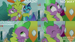 Size: 1280x720 | Tagged: safe, edit, edited screencap, editor:quoterific, imported from derpibooru, screencap, princess ember, spike, thorax, changedling, changeling, dragon, season 7, triple threat, ^^, cute, dragoness, eyes closed, female, king thorax, male, open mouth, smiling, spikabetes, thorabetes