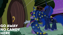 Size: 1280x720 | Tagged: safe, edit, edited screencap, editor:quoterific, imported from derpibooru, screencap, princess luna, twilight sparkle, alicorn, pony, unicorn, luna eclipsed, season 2, crown, female, fluttershy's cottage, implied fluttershy, jewelry, mare, night, regalia, unicorn twilight