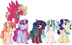 Size: 1280x808 | Tagged: safe, artist:stuffimadeonbase, imported from derpibooru, oc, oc only, alicorn, hippogriff, pegasus, pony, unicorn, alicorn oc, base used, colored hooves, eye clipping through hair, female, flower, flower in hair, freckles, horn, interspecies offspring, jewelry, magical lesbian spawn, mare, necklace, offspring, parent:autumn blaze, parent:big macintosh, parent:princess cadance, parent:princess celestia, parent:princess flurry heart, parent:princess luna, parent:princess skystar, parent:pumpkin cake, parent:rarity, parent:saffron masala, parent:sassy saddles, parent:twilight sparkle, parents:cadmac, parents:celestiblaze, parents:masaluna, parents:pumpkin heart, parents:sassylight, parents:skystararity, pegasus oc, peytral, simple background, transparent background, unicorn oc, watermark, wings