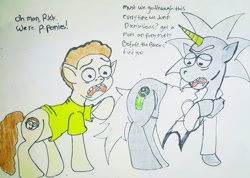 Size: 2951x2103 | Tagged: safe, artist:lunarlunatick, imported from derpibooru, earth pony, pony, unicorn, clothes, crossover, dialogue, doodle, drool, duo, duo male, flask, grandfather and grandchild, grandfather and grandson, high res, lab coat, male, morty smith, open mouth, pickle rick, ponified, raised hoof, rick and morty, rick sanchez, shirt, traditional art