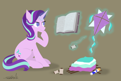 Size: 4335x2914 | Tagged: safe, artist:samsailz, imported from derpibooru, starlight glimmer, pony, unicorn, book, canon, clothes, confused, female, glue, hooves on face, kite, levitation, lineless, magic, mare, reading, sitting, solo, sticks, telekinesis, thinking, thread