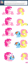 Size: 556x1280 | Tagged: safe, artist:askpinkiepieandfriends, imported from derpibooru, fluttershy, pinkie pie, rainbow dash, earth pony, pegasus, pony, ask, blushing, comic, female, holding a pony, lesbian, mare, open mouth, pinkiedash, shipping, simple background, tumblr, white background