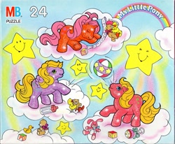 Size: 1509x1243 | Tagged: safe, imported from derpibooru, photographer:absol, baby sparkle north star, bird, duck, earth pony, pegasus, pony, unicorn, baby, baby bottle, baby pony, baby sparkle firefly, baby sparkle starflower, baby starflower, ball, blocks, cloud, female, g1, my little pony logo, official, plushie, puzzle, stars, stuffed animals, toy, trio, trio female, walking on clouds