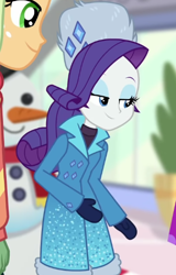 Size: 330x515 | Tagged: safe, imported from derpibooru, screencap, applejack, rarity, equestria girls, equestria girls series, holidays unwrapped, spoiler:eqg series (season 2), cropped, winter break-in