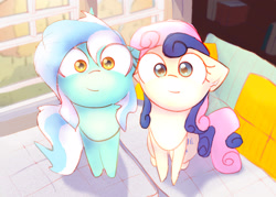Size: 2800x2000 | Tagged: safe, artist:papersurgery, imported from derpibooru, bon bon, lyra heartstrings, sweetie drops, earth pony, pony, unicorn, adorabon, cute, duo, duo female, female, floppy ears, high res, looking at you, lyrabetes, mare, sitting, smiling