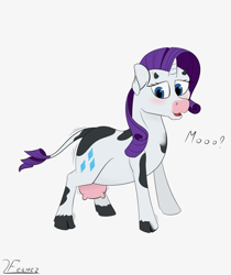 Size: 1048x1248 | Tagged: safe, artist:furnaise, imported from derpibooru, rarity, cow, pony, unicorn, blushing, cowified, female, mare, moo, open mouth, raricow, simple background, solo, species swap, transformation, udder, white background