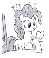 Size: 1024x1214 | Tagged: safe, artist:drchrisman, imported from derpibooru, pinkie pie, earth pony, pony, 28 pranks later, cartoon physics, heart bulge, heart pounding, monochrome, solo