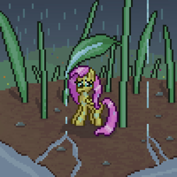 Size: 600x600 | Tagged: safe, artist:nitobit, imported from derpibooru, part of a set, fluttershy, pegasus, pony, female, grass, leaf, mare, micro, pixel art, puddle, rain, soaked, wet, wet mane, worried