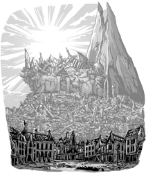 Size: 5297x6265 | Tagged: safe, artist:jowyb, artist:jowybean, imported from derpibooru, fanfic:the immortal game, canterlot, commission, fanfic art, grayscale, monochrome, no pony, ruins, scenery