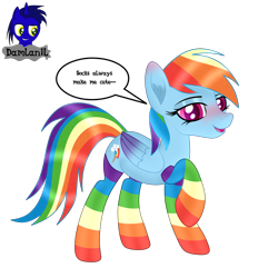 Size: 3840x3840 | Tagged: safe, alternate version, artist:damlanil, imported from derpibooru, rainbow dash, pegasus, pony, blushing, clothes, comic, cute, dashabetes, eyeshadow, female, happy, high res, looking at you, makeup, mare, open mouth, rainbow socks, raised hoof, shine, shiny mane, simple background, socks, solo, stockings, striped socks, text, thigh highs, transparent background, vector, wings