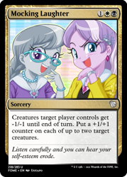 Size: 375x523 | Tagged: safe, artist:uotapo, edit, imported from derpibooru, diamond tiara, silver spoon, equestria girls, bracelet, ccg, ear piercing, earring, glasses, jewelry, laughingmares.jpg, magic the gathering, necklace, noblewoman's laugh, piercing, trading card, trading card edit