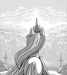 Size: 5695x6358 | Tagged: safe, artist:jowyb, artist:jowybean, imported from derpibooru, twilight sparkle, alicorn, pony, fanfic:the immortal game, canterlot, commission, crowd, crown, fanfic art, female, grayscale, jewelry, mare, monochrome, rear view, regalia, scenery, solo focus, twilight sparkle (alicorn), ultimate twilight