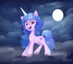 Size: 888x777 | Tagged: safe, artist:ponydevilgirl, imported from derpibooru, izzy moonbow, pony, unicorn, bracelet, cloud, cute, female, g5, izzybetes, jewelry, looking at you, mare, moon, night, open mouth, solo, stars, unshorn fetlocks