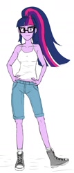 Size: 614x1434 | Tagged: safe, artist:stellarwools, imported from derpibooru, sci-twi, twilight sparkle, equestria girls, clothes, converse, female, glasses, looking at you, midriff, ponytail, shoes, shorts, simple background, sneakers, solo, white background