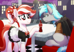 Size: 2560x1800 | Tagged: safe, artist:whitequartztheartist, imported from derpibooru, oc, oc only, oc:cherry pop, bat pony, earth pony, pony, 50s, bat pony oc, coca-cola, diner, duo, earth pony oc, female, sad, smiling, soda, waitress