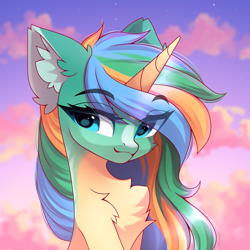 Size: 3333x3333 | Tagged: safe, artist:airiniblock, imported from derpibooru, oc, oc only, oc:sunny sandbar, pony, unicorn, blue eyes, blurry background, bust, chest fluff, concave belly, ear fluff, eye clipping through hair, eyebrows, eyebrows visible through hair, facial markings, high res, leg fluff, looking at you, looking sideways, patreon, patreon reward, rcf community, sky, slim, solo, thin