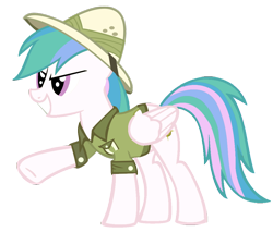 Size: 1024x874 | Tagged: safe, artist:blah23z, imported from derpibooru, daring do, princess celestia, pegasus, pony, clothes, female, grin, hat, mare, palette swap, raised hoof, recolor, shirt, simple background, smiling, solo, transparent background, vector