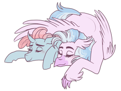 Size: 2400x1800 | Tagged: safe, artist:kikirdcz, imported from derpibooru, ocellus, silverstream, changedling, changeling, hippogriff, commission, eyes closed, female, hug, lesbian, ocellustream, shipping, simple background, sleeping, transparent background