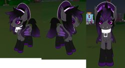 Size: 1335x725 | Tagged: safe, imported from derpibooru, screencap, oc, oc only, oc:zenaris blackmour, bat pony, pony, bat pony oc, bat wings, collar, dyed mane, dyed tail, ear fluff, eyelashes, eyeshadow, fangs, hat, looking at you, makeup, male, second life, simple background, smiling, solo, stallion, standing, trap, wings