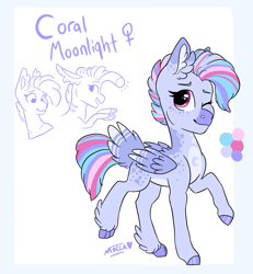 Size: 1785x1929 | Tagged: safe, artist:moccabliss, imported from derpibooru, oc, oc only, oc:coral moonlight, hybrid, seapony (g4), female, one eye closed, simple background, solo, tail feathers, white background, wink