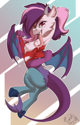 Size: 2112x3303 | Tagged: safe, artist:beardie, imported from derpibooru, oc, oc only, oc:mirage, draconequus, clothes, draconequus oc, drool, high res, long tongue, one eye closed, open mouth, polo shirt, ripping clothes, tongue out, transformation, wink