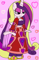 Size: 1336x2048 | Tagged: safe, artist:tenebrousmelancholy, imported from derpibooru, princess cadance, alicorn, anthro, unguligrade anthro, clothes, digital art, eyeshadow, female, heart, jewelry, makeup, regalia, royalty, simple background, solo