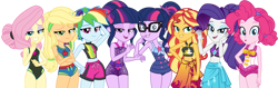 Size: 1024x325 | Tagged: safe, artist:emeraldblast63, imported from derpibooru, applejack, fluttershy, pinkie pie, rainbow dash, rarity, sci-twi, sunset shimmer, twilight sparkle, alicorn, equestria girls, equestria girls series, forgotten friendship, alternate hairstyle, applejack's beach shorts swimsuit, beach shorts swimsuit, belly button, clothes, eyeshadow, fluttershy's beach shorts swimsuit, hatless, humane five, humane seven, humane six, lidded eyes, makeup, mane six, missing accessory, one-piece swimsuit, sarong, simple background, smiling, swimming trunks, swimsuit, transparent background, twilight sparkle (alicorn), twolight