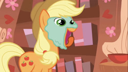 Size: 1979x1125 | Tagged: safe, imported from derpibooru, screencap, applejack, earth pony, pony, look before you sleep, season 1, faic, female, mare, mud mask, open mouth, open smile, smiling, solo, tongue out