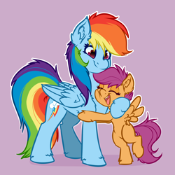 Size: 4000x4000 | Tagged: safe, artist:witchtaunter, imported from derpibooru, rainbow dash, scootaloo, pegasus, pony, chest fluff, commission, cute, duo, duo female, ear fluff, eyes closed, female, filly, hug, mare, open mouth, open smile, purple background, scootalove, simple background, smiling