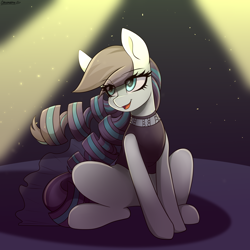 Size: 2200x2200 | Tagged: safe, artist:chickenbrony, artist:cottonaime, imported from derpibooru, coloratura, earth pony, pony, clothes, eye clipping through hair, female, high res, mare, sitting, smiling, solo