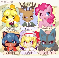 Size: 2048x2015 | Tagged: safe, artist:lumiville, artist:lumivillle, imported from derpibooru, pinkie pie, anthro, deer, dog, earth pony, lucario, pony, raccoon, six fanarts, :d, animal crossing, anthro with ponies, antlers, beastars, bna: brand new animal, clothes, crossover, female, flandre scarlet, hat, high res, isabelle, louis (beastars), male, mare, michiru kagemori, one eye closed, open mouth, pokémon, raised hoof, smiling, touhou, wink