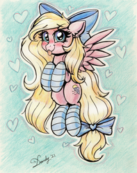 Size: 2568x3256 | Tagged: safe, artist:dandy, imported from derpibooru, oc, oc only, oc:bay breeze, pegasus, pony, :p, blushing, bow, clothes, colored pencil drawing, cute, female, flying, heart, heart eyes, high res, signature, simple background, socks, solo, striped socks, tongue out, traditional art, wingding eyes, wings