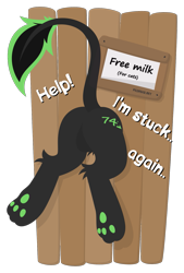 Size: 1081x1600 | Tagged: safe, artist:pegasko, imported from derpibooru, oc, oc only, oc:eytlin, sphinx, fence, hole, hole in the wall, lineless, long tail, paw pads, paws, rear view, sign, simple background, solo, sphinx oc, stuck, text, transparent background, wooden fence